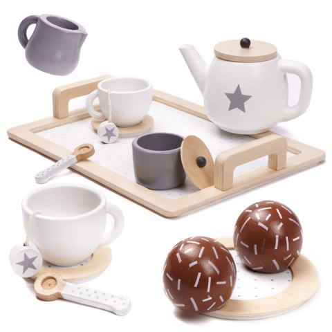 Zestaw zabawka dla dzieci serwis kawowy drewniany naczynia taca filiżanka