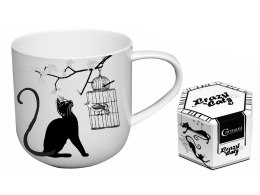 KUBEK XL na kawę herbatę kot i ptaszek w klatce białoczarny na prezent