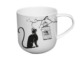 KUBEK XL na kawę herbatę kot i ptaszek w klatce białoczarny na prezent