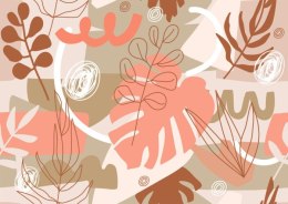 Fototapeta Contemporary Collage Seamless Pattern. Terracotta Abstract Shapes, Tropical Leaves And Continuous Line Of Leaf. Textu