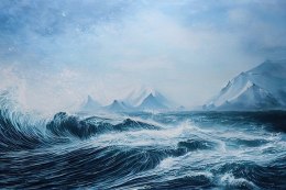 Fototapeta Abyss, Ocean Waves, Seascape Hand Drawn Oil . Blue Sea Tides And Ice Blocks, Frozen Pond, Winter Marine Scenery Backg