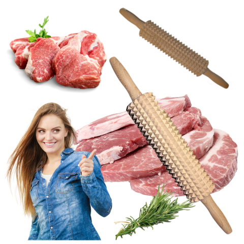 Wałek kuchenny do mięsa z wypustkami roller drewniany obrotowy z drewna