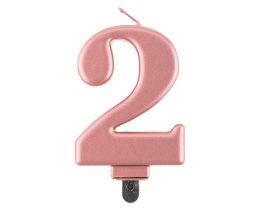 Świeczka na 2 urodziny na tort urodzinowa cyferka 2 metalik róż 8 cm