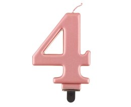Świeczka na 4 urodziny na tort urodzinowa cyferka 4 metalik róż 8 cm