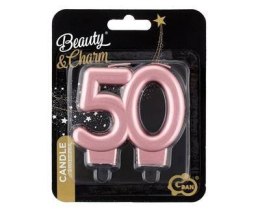 Świeczka na 50-tkę na urodziny liczba 50 urodziny metalik różowo-złota 8 cm